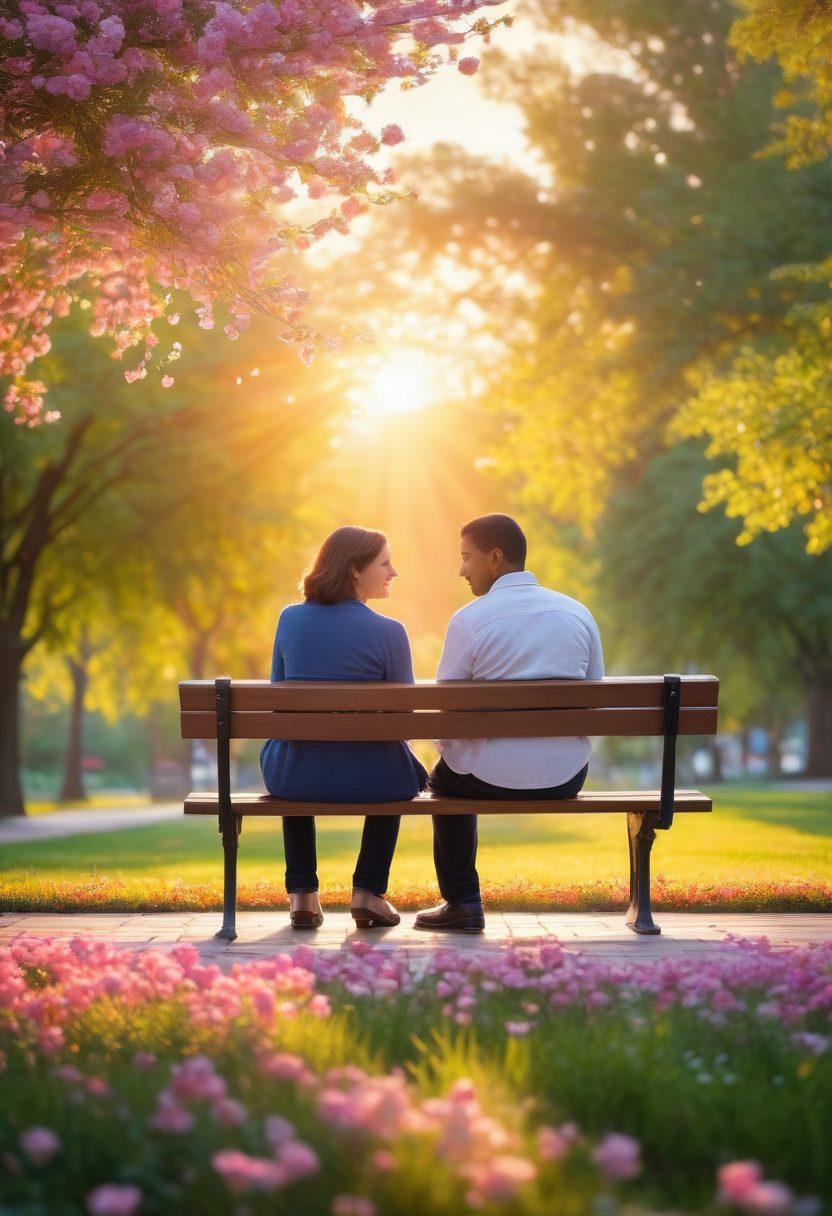 A serene couple sitting on a sunlit park bench, sharing an intimate conversation, surrounded by blooming flowers symbolizing love and connection. Soft light reflecting their emotional bond, with subtle symbols of emotional intelligence like puzzle pieces and hearts floating in the air. The background features a gentle sunset, suggesting warmth and hope. super-realistic. vibrant colors. soft focus.