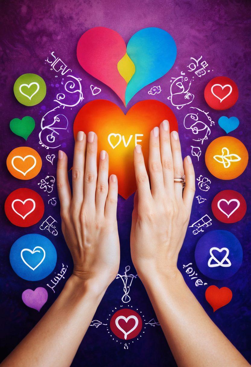 A cozy scene of two hands reaching towards each other, surrounded by vibrant symbols representing the five love languages: words of affirmation, acts of service, receiving gifts, quality time, and physical touch. Soft lighting emphasizes warmth and connection, with a background of a blended heart and infinity symbol. The image conveys intimacy and support, inviting the viewer to explore deeper relationships. vibrant colors. super-realistic.