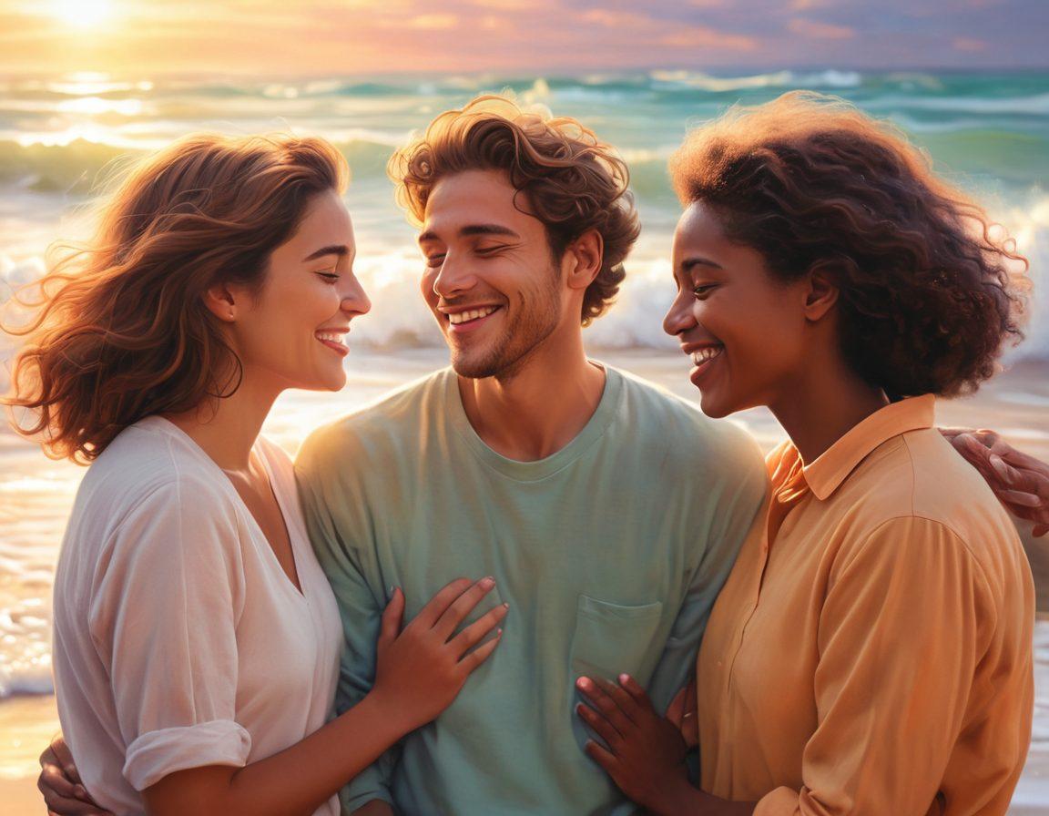 A warm scene depicting a diverse group of people embracing, smiling, and engaging in heartfelt conversation. Soft pastel colors envelop the scene, symbolizing connection and affection. In the background, gentle waves ripple to signify the ebb and flow of communication. Light beams illuminate the faces, enhancing the warmth and positivity of the moment. artistic illustration. vibrant colors. soft focus.